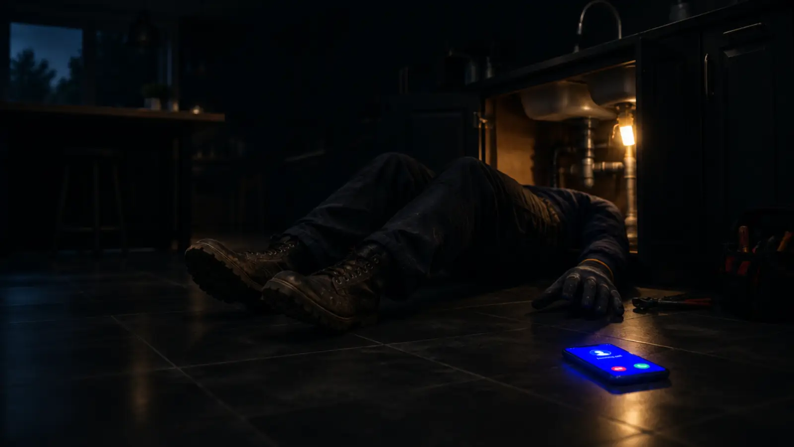 A plumber on their back under a kitchen sink, one gloved hand on the floor, while their phone rings on the tile out of reach.