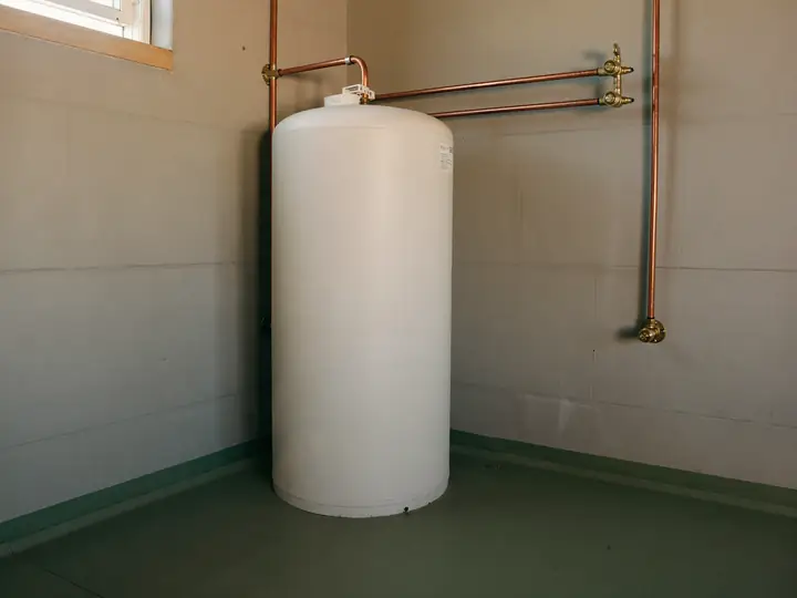 A newly installed white tank water heater with new copper lines in a tidy basement