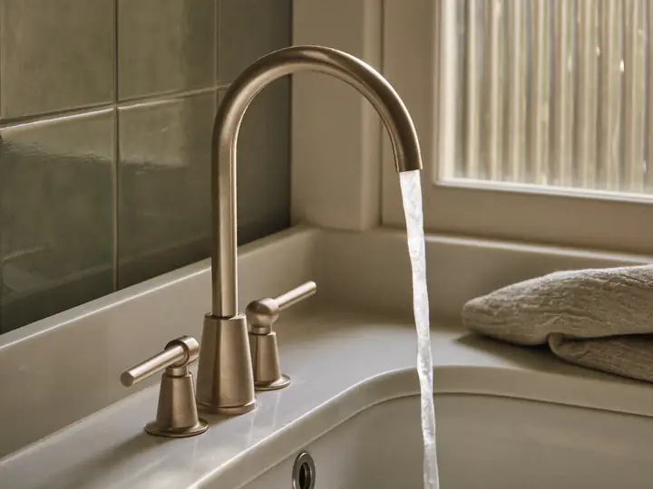A brushed nickel bathroom tap running over a white basin