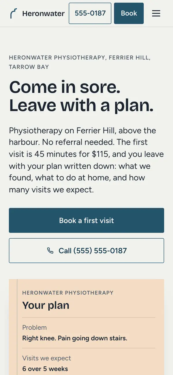 The Heronwater demo on a phone: a cool paper page, a heron blue Book a first visit button, the headline Come in sore. Leave with a plan. and, under it, a ruled plan card on a warm tint where a photo would usually be.