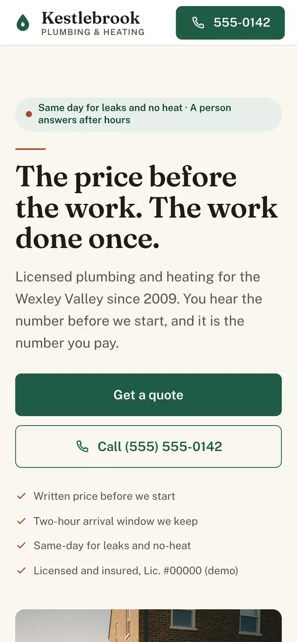 The Kestlebrook demo on a phone: a cream page, a green Get a quote button and the headline The price before the work. The work done once.